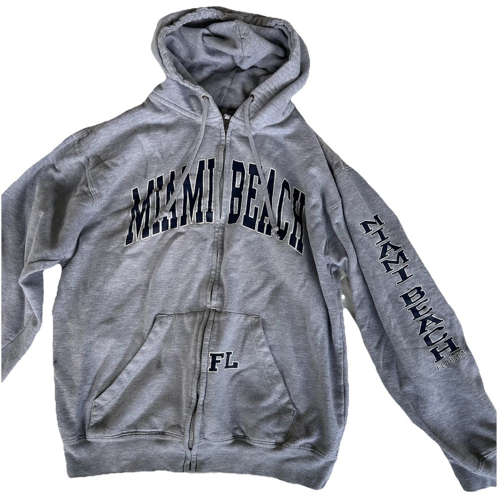 Classic Grey Miami Beach Florida Hooded‎ Zip Up Jacket sz Medium Navy letters
